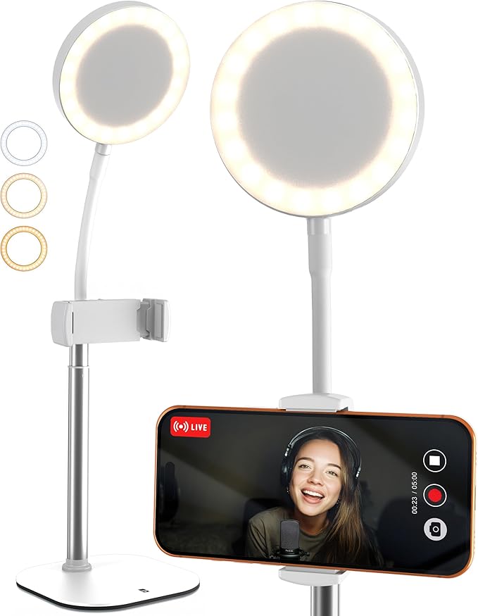 Phone Stand for Recording with Light for Desk - ChatStand Halo 9-13" Adjustable, Portable Ring Light Tripod, iPhone Stand for Desk & Phone Holder for Video Recording, Filming, Zoom Calls (Frost White)