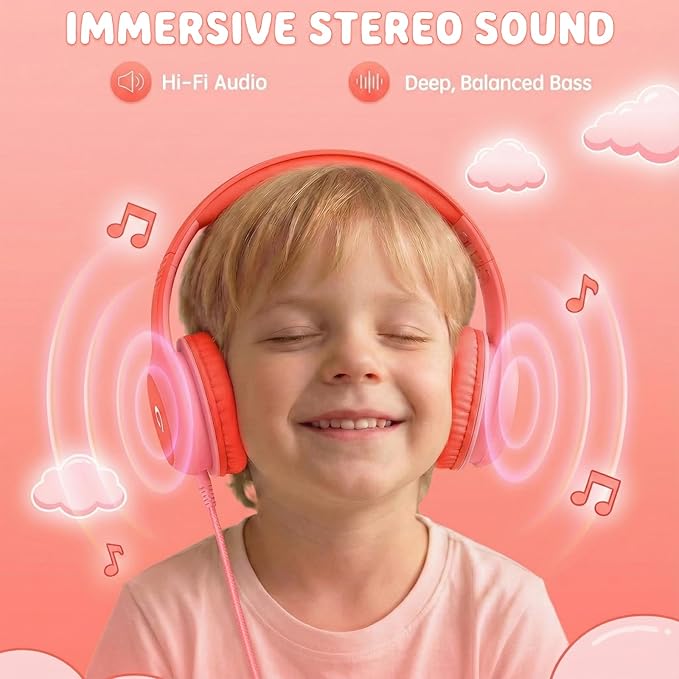Wired Kids Headphones with USB C Plug, 85dB Safe Volume, Adjustable Headband, Tangle-Free Cord Headphones for School, Tablet, Travel (Coral Red & Soft Peach, with Microphone)