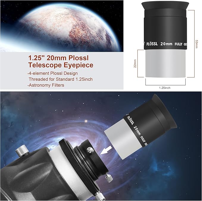 Alstar 1.25 Inch Plossl Telescope Eyepiece - 20mm Fully Multicoated Optical Lens for 1.25inch Astronomic Telescope and Astronomy Filters - 4 Element Plossl Design