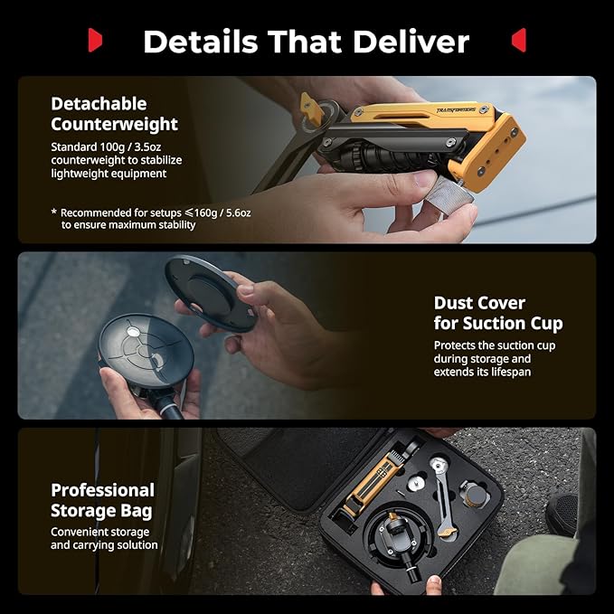 SMALLRIG Mini Shock Absorber Arm, 4" Vacuum Suction Cup, Double Spring and Hydraulic Damping, Car Mount for DJI Action 6/5 Pro/Pocket 3, for GoPro Hero 13/12, for Insta360 X5/4(Bumblebee Edition)-5528