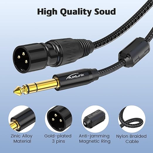 XLR Male to 1/4 Cable 25ft 2 Pack, Balanced TRS to 6.35mm Gold-Plated Connectors Nylon Braided, Quarter Inch to XLR Male Cable
