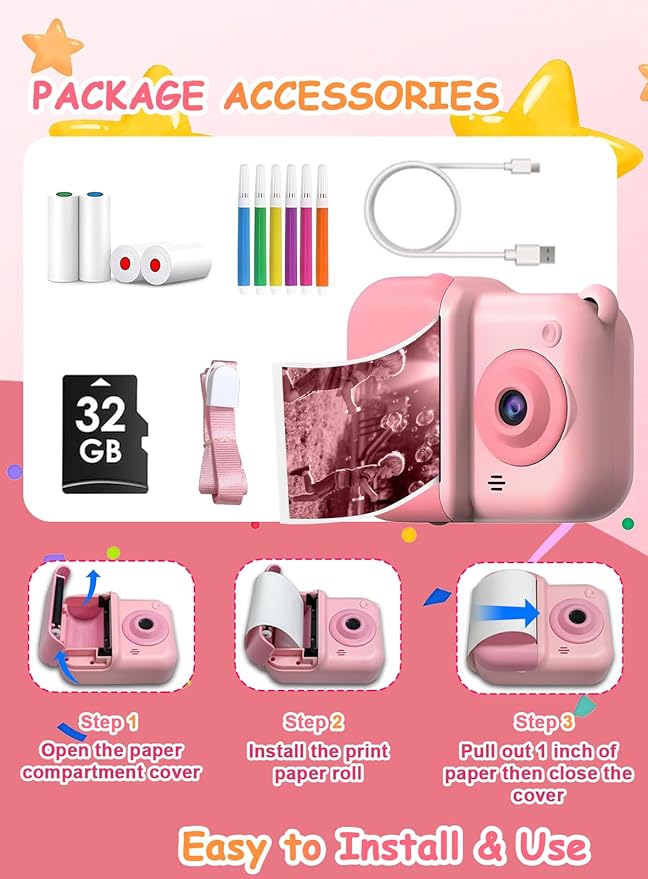 Kids Camera Instant Print, Christmas Birthday Gifts for Girl Boys 3-12 Years Old, Dual Camera HD Digital Video Cameras for Toddler 4 Rolls Print Paper & 32G Card (Pink)