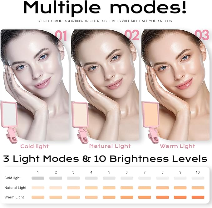 Rechargeable Soft Selfie Light for Phone, Camera, Laptop, 4-14H Battery Portable LED Light for Pictures, Phone Light Clip for Selfie, Vlog, TikTok, Makeup, Video Conference Pink
