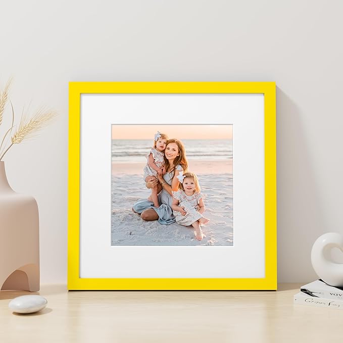 Vittanly 12x12 Picture Frame, Made of Solid Wood and Shatterproof Plexiglass, Display Pictures 8x8 with Mat or 12x12 without Mat, Wooden Photo Frame for Wall Mounting, Yellow, 1 Pack