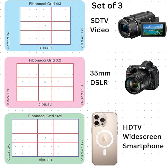CLPA Fibonacci Grid Viewfinder: Credit Card-Sized Composition Grids for Video, Photography & Art in 4:3, 3:2, & 16:9