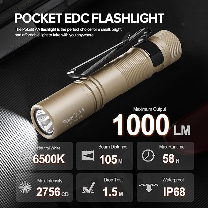 ACEBEAM Pokelit AA Rechargeable Mini Flashlight with Clip, 1000 High Lumens Pocket EDC Flashlight, Super Bright Small Flashlight, Led Flash Light for Camping, Hiking, Everyday Use, Cool White Light