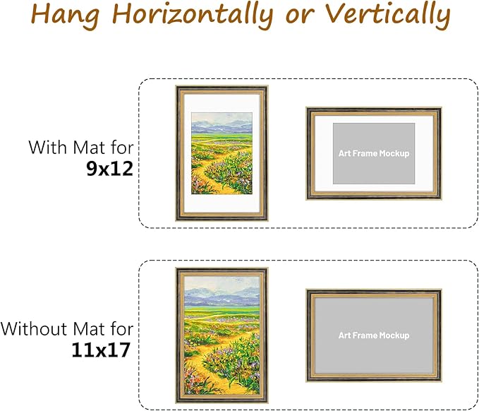 Golden State Art,11x17 Ornate Picture Frame for 9x12 Photo With Mat or 11 x 17 Prints Without Mat, Real Glass Wall Display Horizontally or Vertically (Color:Black Gold)
