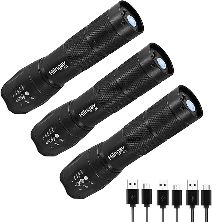 3 Pack LED Rechargeable Flashlight, Super Bright Small Mini Camping Flashlights Zoomable Beam, Convenient USB C Charging for Camping Hiking Outdoor Home Emergency