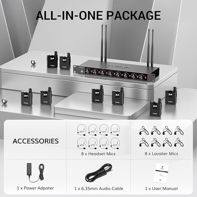 TONOR Wireless Microphones System with 8x12 Channels Headset/Lavalier Lapel Mics, Bodypack Transmitter, Receiver, 90 m/295ft UHF Range for Church Conference Performance Singing Karaoke PA Speaker