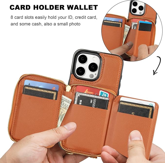 Bocasal RFID Blocking Wallet Case for iPhone 15 Pro Max, Adjustable Crossbody Zipper Purse Case Card Holder with Kickstand Detachable Wrist Strap, PU Leather Flip Folio Case 6.7 Inch 5G (Brown)