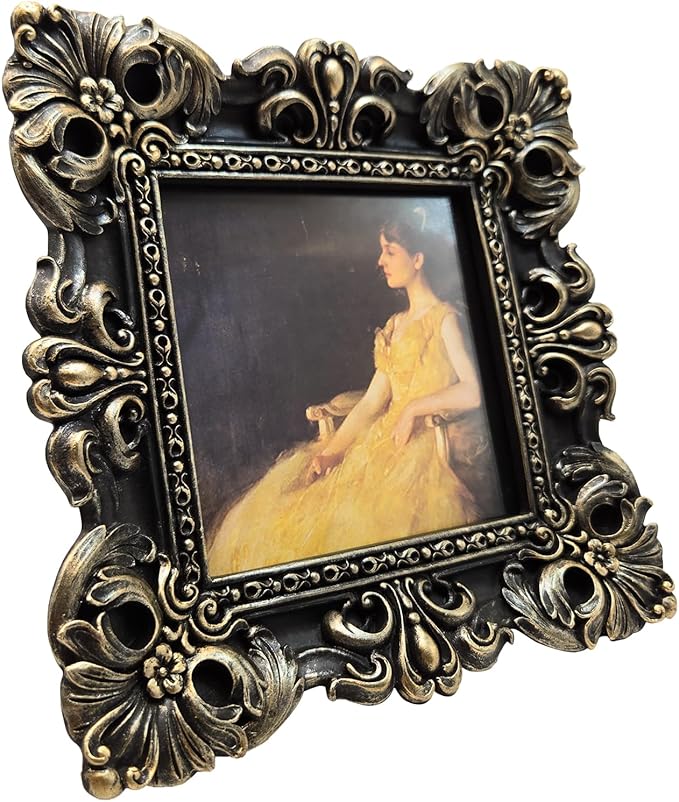 CISOO 4x4 Vintage Small Picture Frame, Antique Ornate Black and Gold Square Photo Frame, for Table Top and Wall Display, Decorative Floral Design Retro Home Decor, Photo Gallery Art
