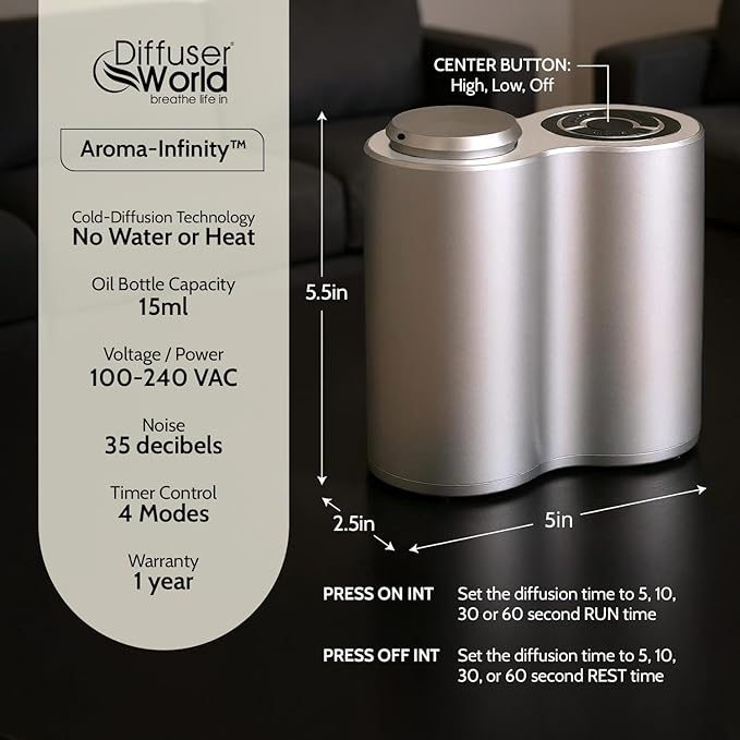 800 Sq Ft Waterless Diffuser for Essential Oils, Made in USA Aroma Infinity Silver Portable Aroma Atomizer for Room Fragrance, Home Scent Machine, Air Aromatherapy Oil Diffusers