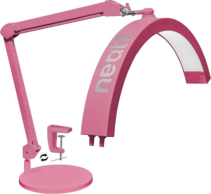 Neatfi Half Moon Swing Arm Table Lamp, 2500 Lumens, CCT Dimming, 5 Light Modes, Professional LED Lighting for Estheticians, Ideal for Nail Art, Facials, and Tattoos (with Base and Clamp, Pink)