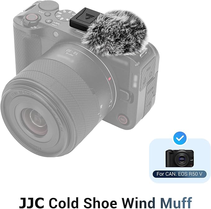 JJC Cold Shoe Wind Muff for Canon EOS R50 V R50V Camera(Not for R50), Furry Windshield with Shoe Adapter Mount Holder for LED Light Microphone Attachment, Canon R50V Vlogging Accessories, Black Color
