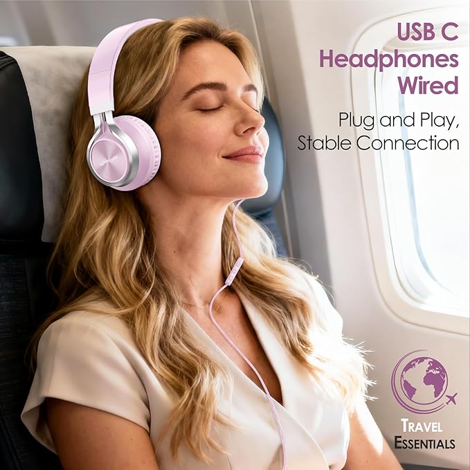 USB C Headphones Wired with Mic & Volume Control, Tangle-Free, Type C Over-Ear Headphones, Lightweight/Foldable Kids Headphones Wired Headphones USB C for iPad/Sports/School/Travel/iPhone 17/16/15