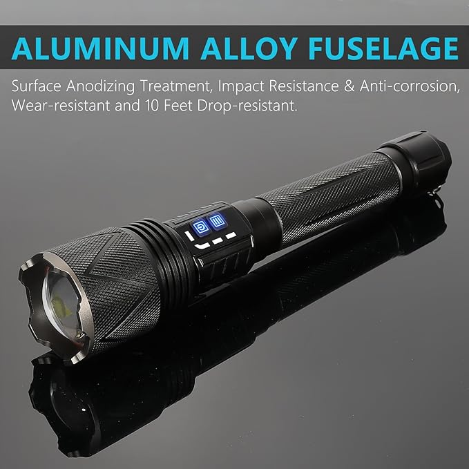 10,000 High Lumens Rechargeable LED Flashlights, 70W High Power XHP360 Wick Super Bright Zoomable Tactical Flashlight with USB Output, Dual Powerd Large Size Flash Light for Emergency Camping Hunting