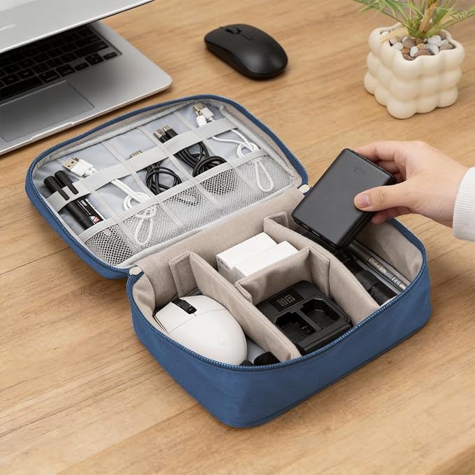 Cable Organizer bag for women or men,Electronic Accessories Carry Case Portable Waterproof Double Layers All-in-One Storage Bag for Cord, Charger, Phone, Earphone (Navy blue)