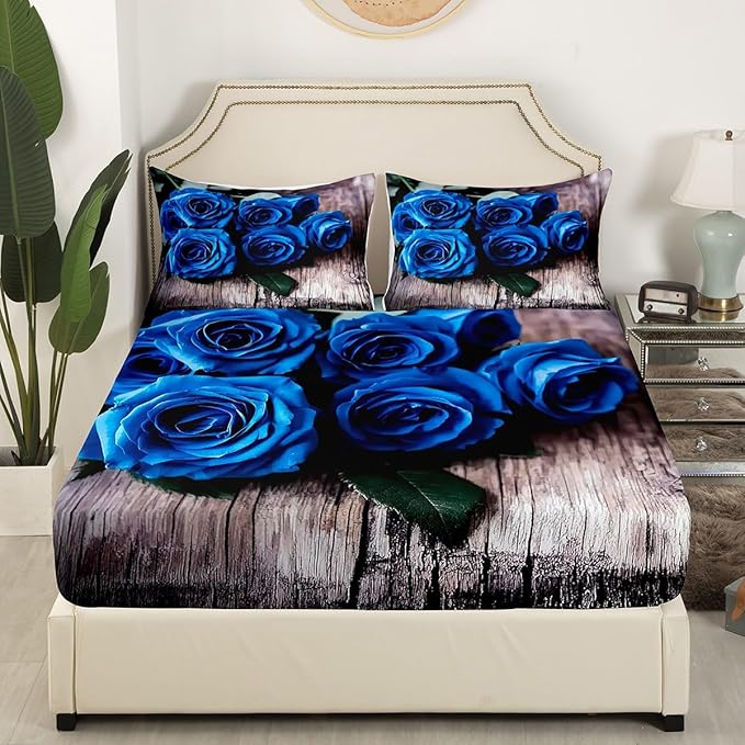 Erosebridal Blue Rose Sheet Sets Queen Size Romantic Bedding for Women Girls Rose Love Romantic Moment Print Fitted Sheet 4 Pcs Elegant Blossom Rose Flowers Bed Sheet with 2 Pillowcases