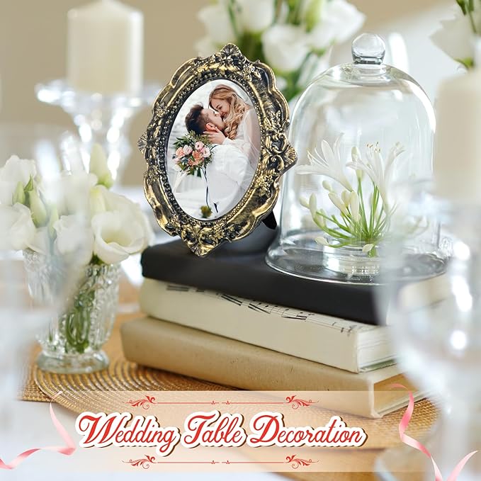 Maitys 5 Pcs Mini Picture Vintage Frames with Stands Tiny Antique Photo Baroque Ornate Resin Oval Frame Table Top Display Home Wedding Decor (Black Gold)