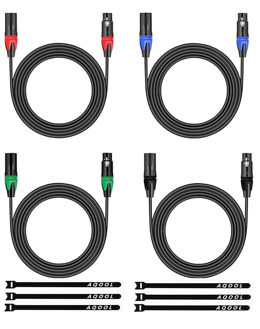 6FT XLR Cables, Gold-Plated 3 Pin Microphone Cables XLR Male to Female Mic Cord with Colored Connectors, Ideal for Microphone Audio Mixer Stage Light (4 Pack)