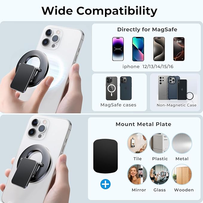 Dual-Side for Magsafe Phone Grip with Magnetic Phone Stand, Magnet Ring Holder for iPhone 17/16/15/14/13/12 Pro Max Air Series Magsafe Case, Strong Magnetic Car Mount, Gym Phone Holder