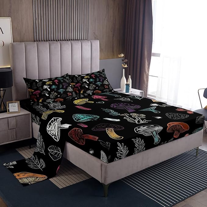 Erosebridal Mushroom Bed Sheet Set King Size - Colorful Boho Exotic Decor Sheets for Boys Girls Women - Bohemian Plants Fitted Sheet, Flat Sheet - 4 Pcs