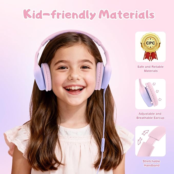 USB Type C Kids Headphones, Wired Headphones for Kids with Microphone 85/94dB Volume Limit, Stereo Sound Portable Over Ear Headphones for School/Travel/Tablet/iPad, Gradient Pink