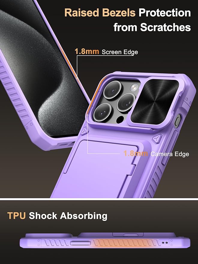 Vihibii for iPhone 15 Pro Max Wallet Case with Card Holder (4 Cards) & Slide Lens Cover & Stand, Shockproof Rugged Hard Back & Raised Edges Protection Case for iPhone 15 Pro Max, 5G 6.7", Light Purple