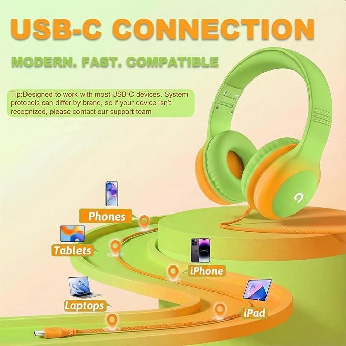 Wired Kids Headphones with USB C Plug, 85dB Safe Volume, Adjustable Headband, Tangle-Free Cord Headphones for School, Tablet, Travel (Lime Green & Orange, Without Microphone)