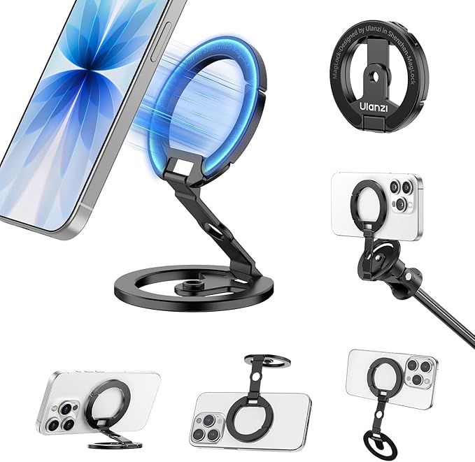 ULANZI MA02 Dual Magnetic Ring Phone Grip Stand, Aluminum for MagSafe Gym Kickstand Compatible with iPhone 17-12 Series, Foldable Phone Tripod Mount with 1/4" Screw for Live Streaming Vlog