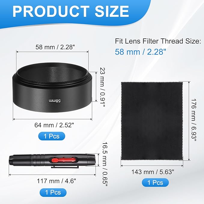 PATIKIL Lens Hood Shade, 58mm Mid-Focus Mount Standard Screw-in Metal Camera Cap Shade with Cleaning Cloth and Cleaning Pen, Black
