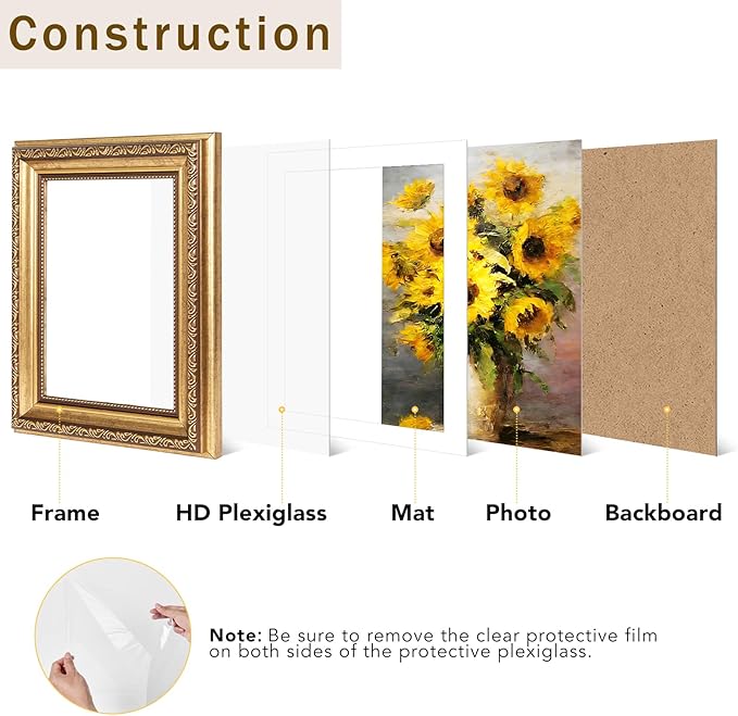 5x7 Vintage Picture Frame with 4x6 Mat Set of 2, Elegant Retro 5 by 7 Photo Frame with Shatter-Resistant Plexiglass for Wall or Tabletop Display, Gallery Decor & Gift, Gold, 2 Pack