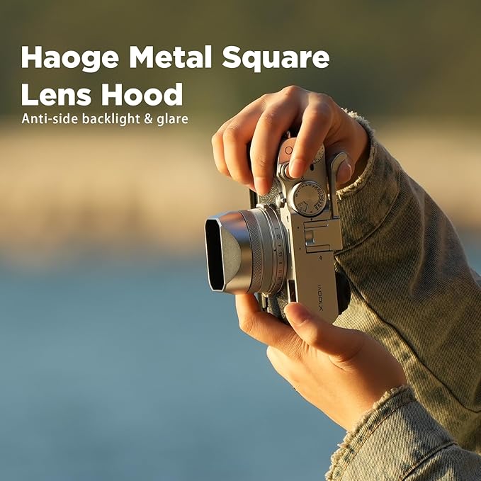 Haoge Square Metal Lens Hood for Fuji X100VI Fujifilm FinePix X100V X100F X100 X100S X100T X70 Camera Accessories Silver with Cap and 49mm Adapter Ring Kit