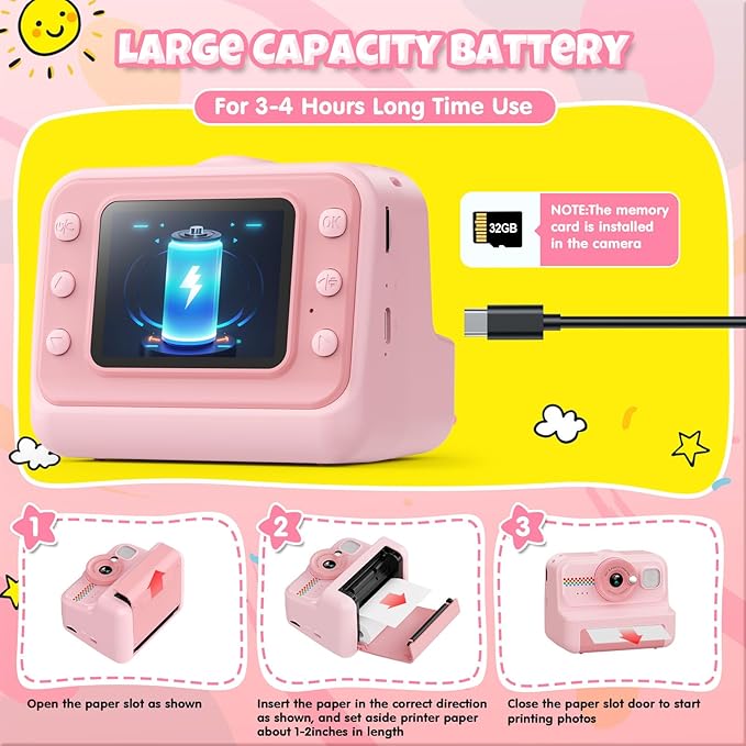 HiMont Kids Camera Instant Print, 1080P HD Instant Print Camera for Kids with 3 Rolls Print Paper & 32GB Card, Selfie Digital Camera for Kid, Ideal Kid Toys Gifts for Boys & Girls Age 3-14 (Pink)