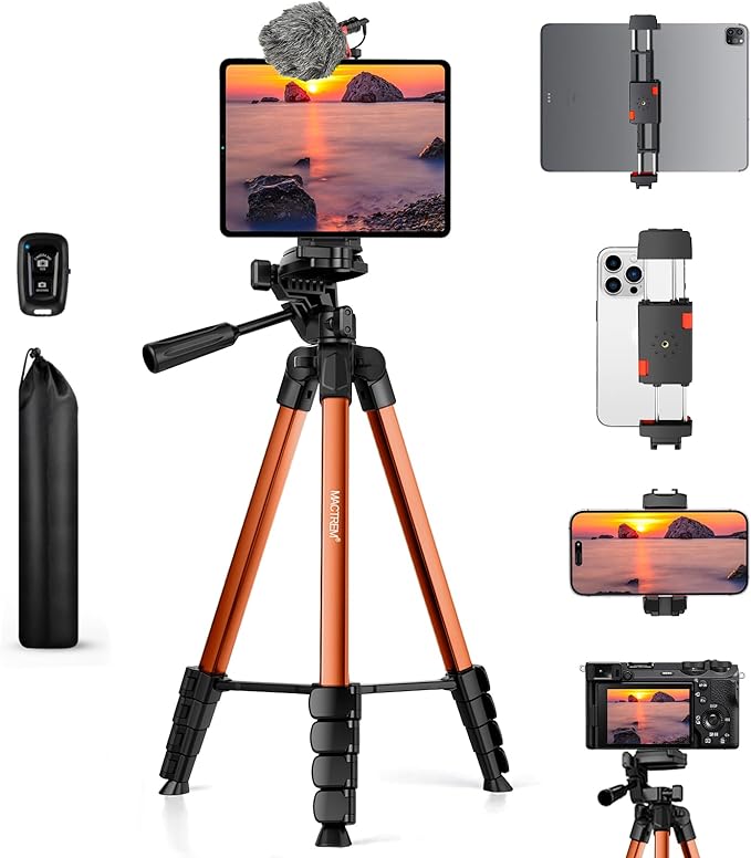 MACTREM 67" Tripod Stand for iPad Phone Tablet Camera with 2 in 1 Mount & Wireless Remote, Aluminum Extendable iPhone Tripod for Video Recording/Selfies/Live Stream/Vlogging (Orange)