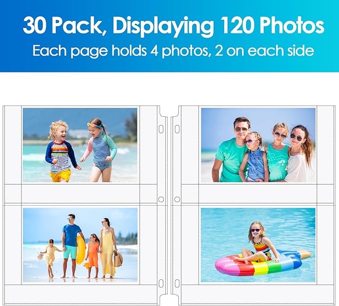 MaxGear 30 Pack 4x6 Photo Sleeves for 3 Ring Binder (120 Pictures), Heavy-Duty Archival Page Protectors, 2-Pocket Clear Photo Album Refill Pages, Plastic Seed Binder Pages 8.5x11, Acid-Free