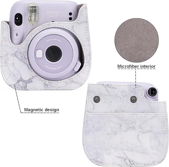 Frankmate Protective Case Compatible with Fujifilm Instax Mini 12 11 9 8 Instant Film Camera with Pocket and Adjustable Strap (White marble)