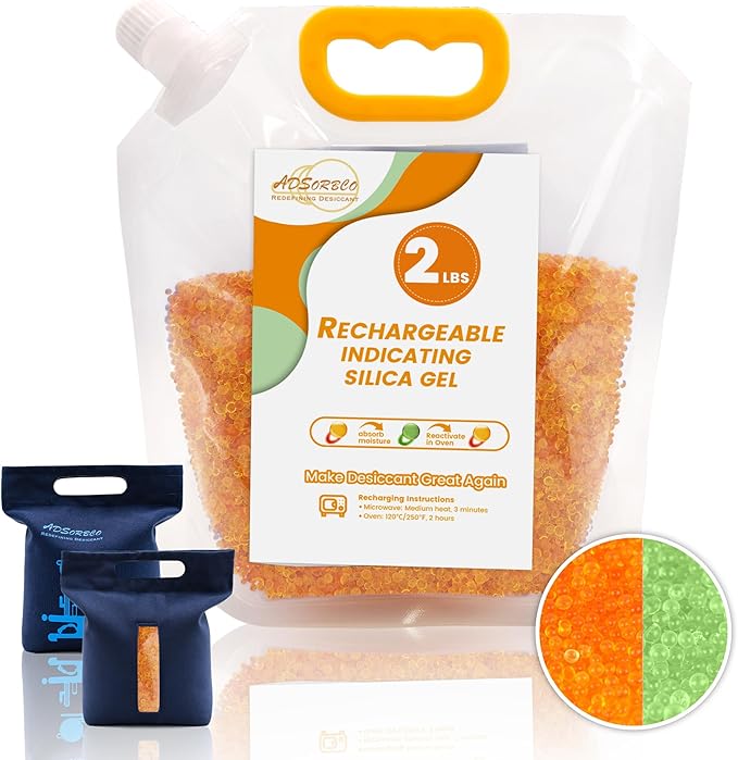 Silica Gel Desiccant Beads – Reusable Desiccant Bulk 3mm Beads for 3D Filament, Electronics, Cameras, Jewelry, and Safes (Orange to Green, 2 LBS+1 Bag)