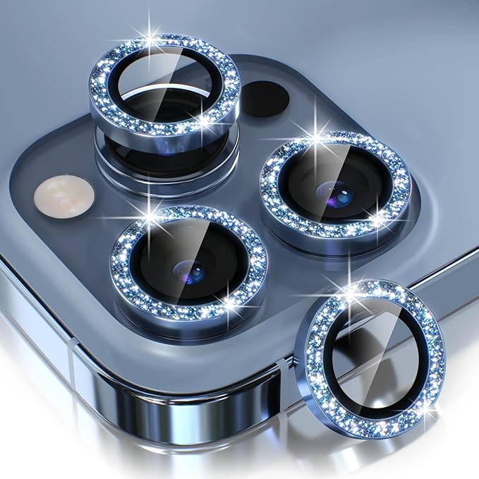 Choiche Compatible for iPhone 13 Pro/iPhone 13 Pro Max Camera Lens Protector Bling, 9H Tempered Glass Camera Cover Screen Protector Metal Ring Decoration Accessories (Glitter-Sierra Blue)