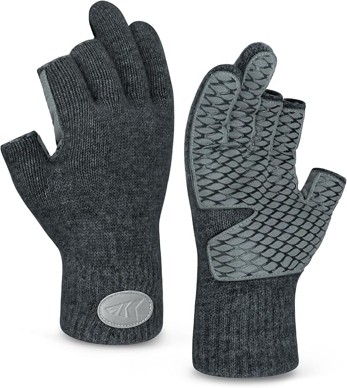 KastKing Bully Wooly 3-Cut Fingerless Wool Fishing Gloves, Cold Weather Warm Winter Gloves for Men & Women, Ice Fishing