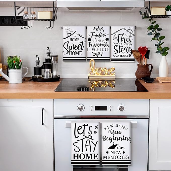 Preboun 6 Pcs New Home Beginning Kitchen Towels Black and White Hand Dish Towels Home Sweet New Memories This is Our Happy Place Bless Housewarming Gifts for Neighbor Friend