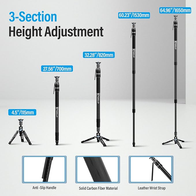 SIRUI SVM-165 Rapid Monopod for Cameras, 65” Carbon Fiber Monopod with Feet, One-Step Rapid Height Adjustment, Lightweight for DSLR Camera, Modular 3 in 1, Max Load 22lbs
