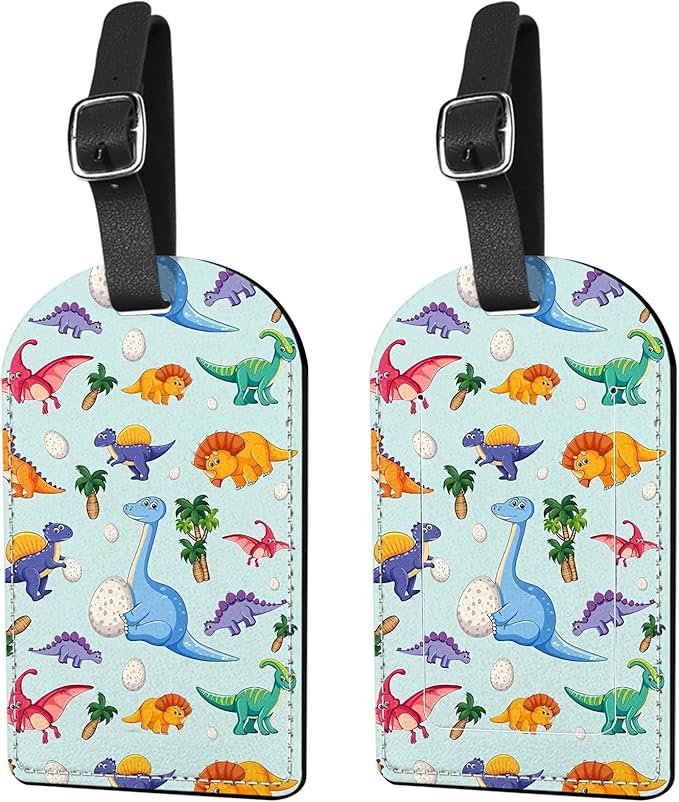 2 Pack Luggage Tag Suitcase Tags PU Leather Identifiers Privacy Cover Luggage Tags Aesthetic Cute Travel Bag Labels for Women Girls Men-Dinosaur