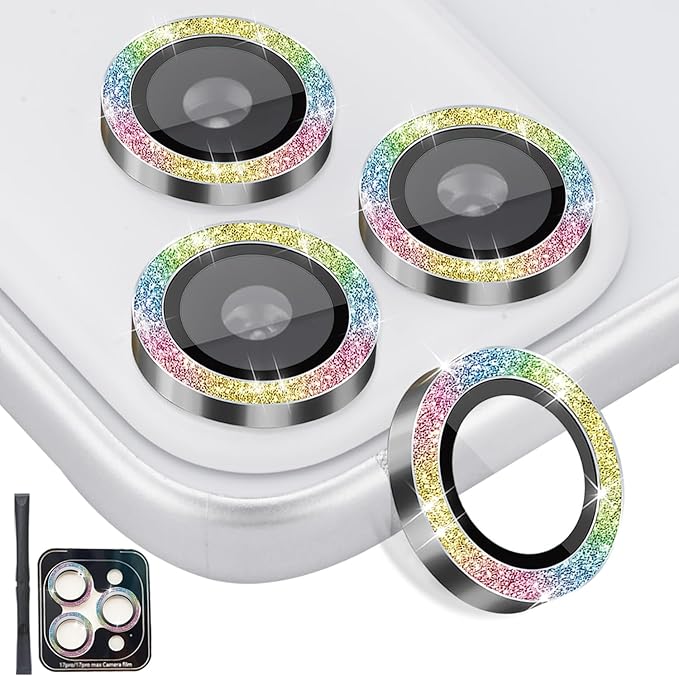 Camera Lens Protector for iPhone 17 Pro/17 Pro Max, Aluminum Alloy Tempered Glass Lens Protector with Installation Frame Fits for iPhone 17 Pro/17 Pro Max (Glitter Colorful)