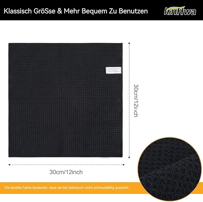 KinHwa Microfiber Dish Cloths Thick Waffle Weave Kitchen Dish Rags Ultra Absorbent Odor Free Dishcloths 12inch x 12inch… (Black 10 pc, 12in x 12in)
