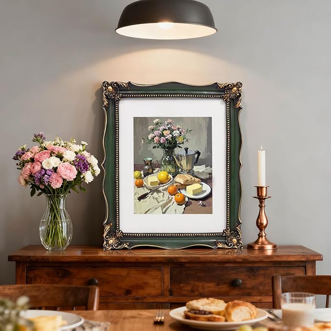 Vintage 11x14 Picture Frame with Embossed Flower, Green Ornate Frame for 11x14 or 8x10 Photos with White Mat, Hand-Crafted Resin Antique Frames for Tabletop & Wall Hanging, Home Decor (Green )