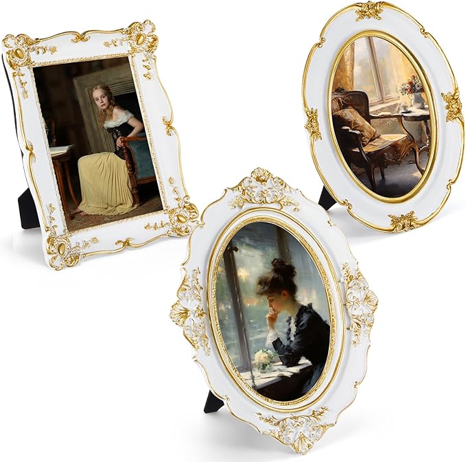 3 Pcs White Vintage Picture Frame Set Antique Oval Picture Frames 4x6, 5x7 Inch Baroque Photo Ornate Frames with Glass Gift for Tabletop Hanging Wall Art Wedding Home(French Style)