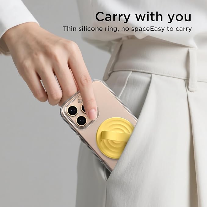 Magnetic Phone Grip Ring Holder, Liquid Silicone Magnet Cell Phone Grip Finger Loop, Compatible with Magsafe, Back of Phone for iPhone 17/16/15/14/13/12 Series, Yellow