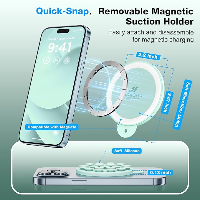 Magnetic Suction Cup Phone Mount, Compatible with MagSafe, Silicone Octo Cup Buddy Sticky Grip Holder for iPhone and Android, Removable Hands-Free Selfie/Video for TikTok, Mint Green