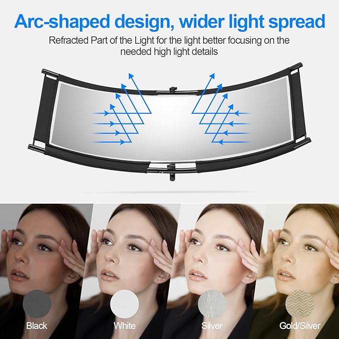 WELLMAKING Clamshell Light Reflector Diffuser with Carrying Bag, 39”×20”/100x50cm Photography Curved Lighting Reflector for Photo Studio Photography & Outdoor Lighting, Black/White/Gold/Silver Colors